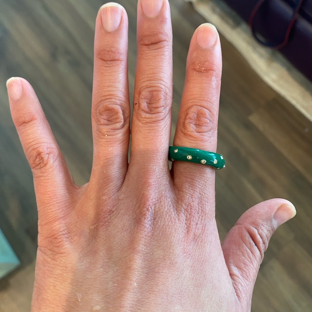 Green Enamel Ring with Gold and Crystal Accents